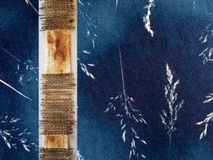 Kay Galvan, Gentility (detail), cyanotype, 15" x 22", 2020 Janine Thornton, Prodigal Daughter (detail), rust-dyed linen and prairie grasses, 3" x 120", 2020