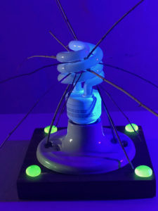 Fluorescent light bulb, twigs, lamp holder, padauk, uranium glass beads, brass screws, under black light 10” x 14” x 14” (approx.)
