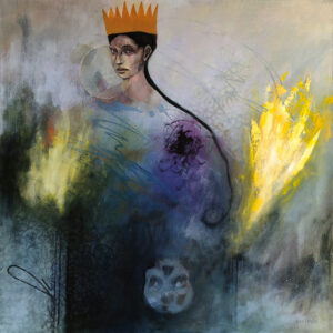 Woman with crown with head and neck dissolving into an abstract body with abstract yellow flames.