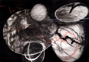 Abstract painting with circles and spheres in balck and white with a few streaks of red