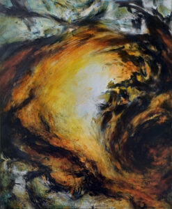 Abstract painting of swirling blacks yellows oranges red and white