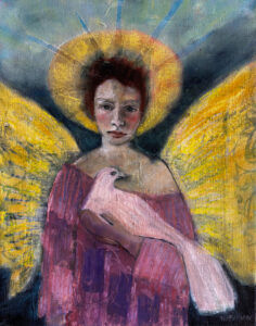 Painting of Ange with yellow halo and wings in a purple dressl holding a pink dove